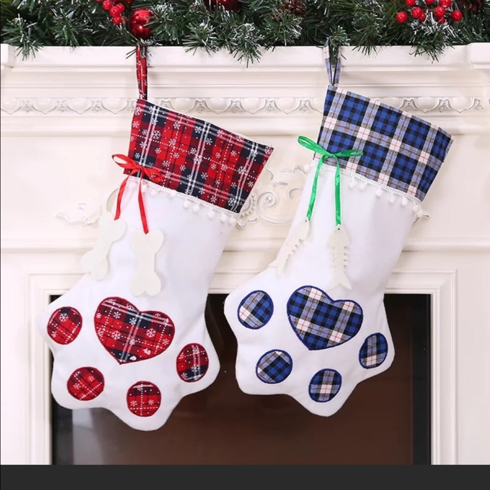 Pet Dog Cat Paw Print Holiday Christmas Stockings 2 Blue